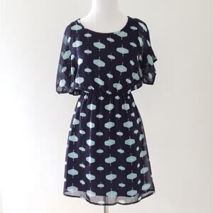Francesca's Parasol Print Blouson Dress Elastic Waist Navy Small